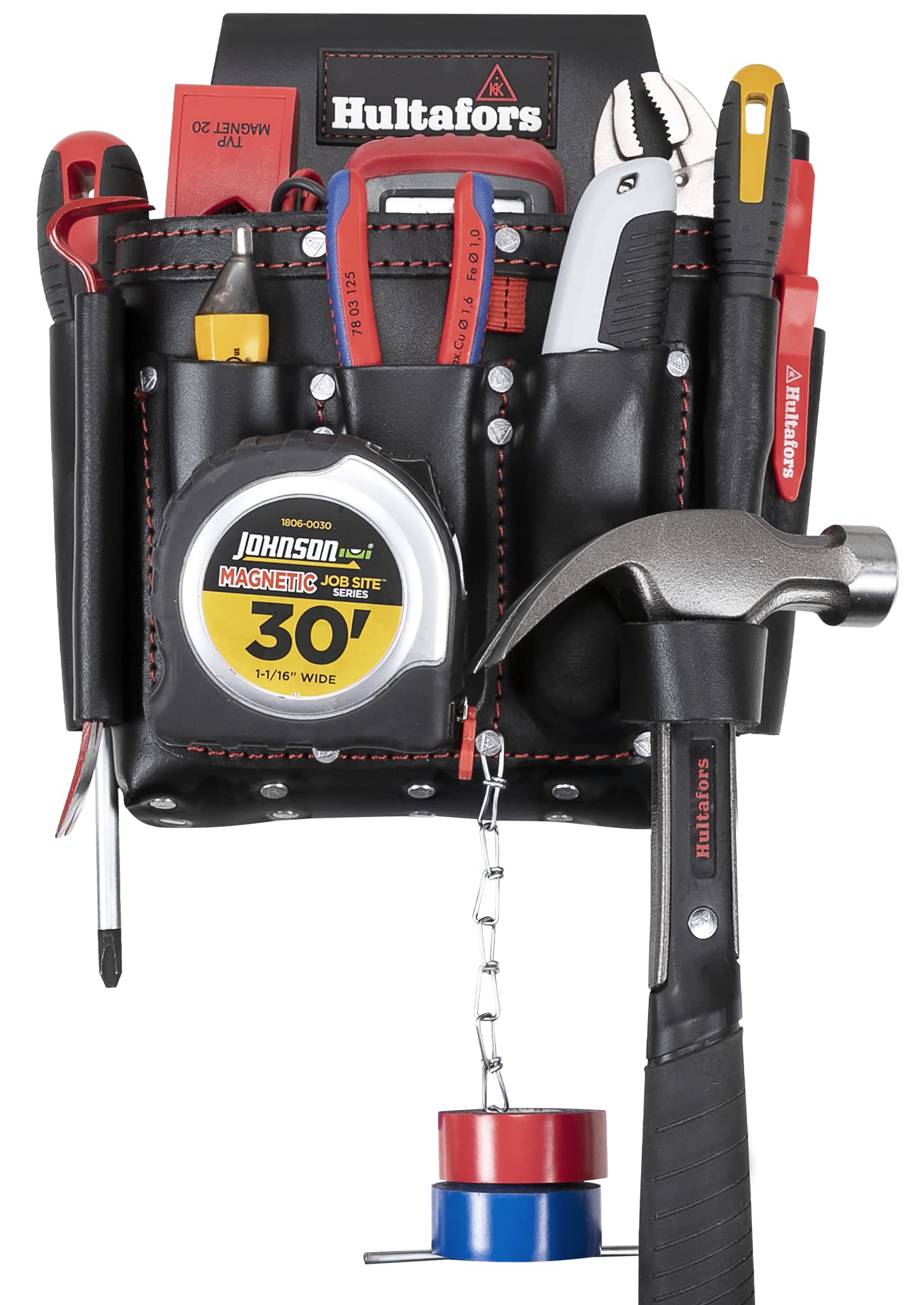 HultaforsWork Gear HT5421 Electrician's Premium Leather Tool Pouch, Molded Front Pockets, Tape Chain, Metal Tool Clip, Leather Hammer Loop