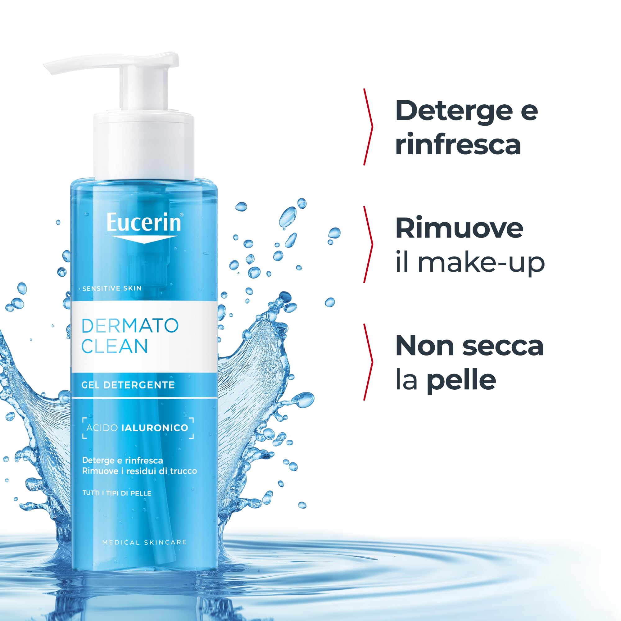 Eucerin DermatoClean Gel Detergente Viso 200 ml, Foaming cleanser idratante e rinfrescante, Struccante viso con Acido Ialuronico, Senza profumo, Per tutti i tipi di pelle, anche sensibile