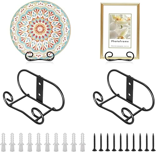 Sumnacon Perchas de metal para placas de pared con tornillos, paquete de 4 soportes para placas para exhibir en la pared, soporte decorativo negro