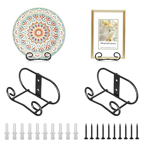 Sumnacon Perchas de metal para placas de pared con tornillos, paquete de 4 soportes para placas para exhibir en la pared, soporte decorativo negro