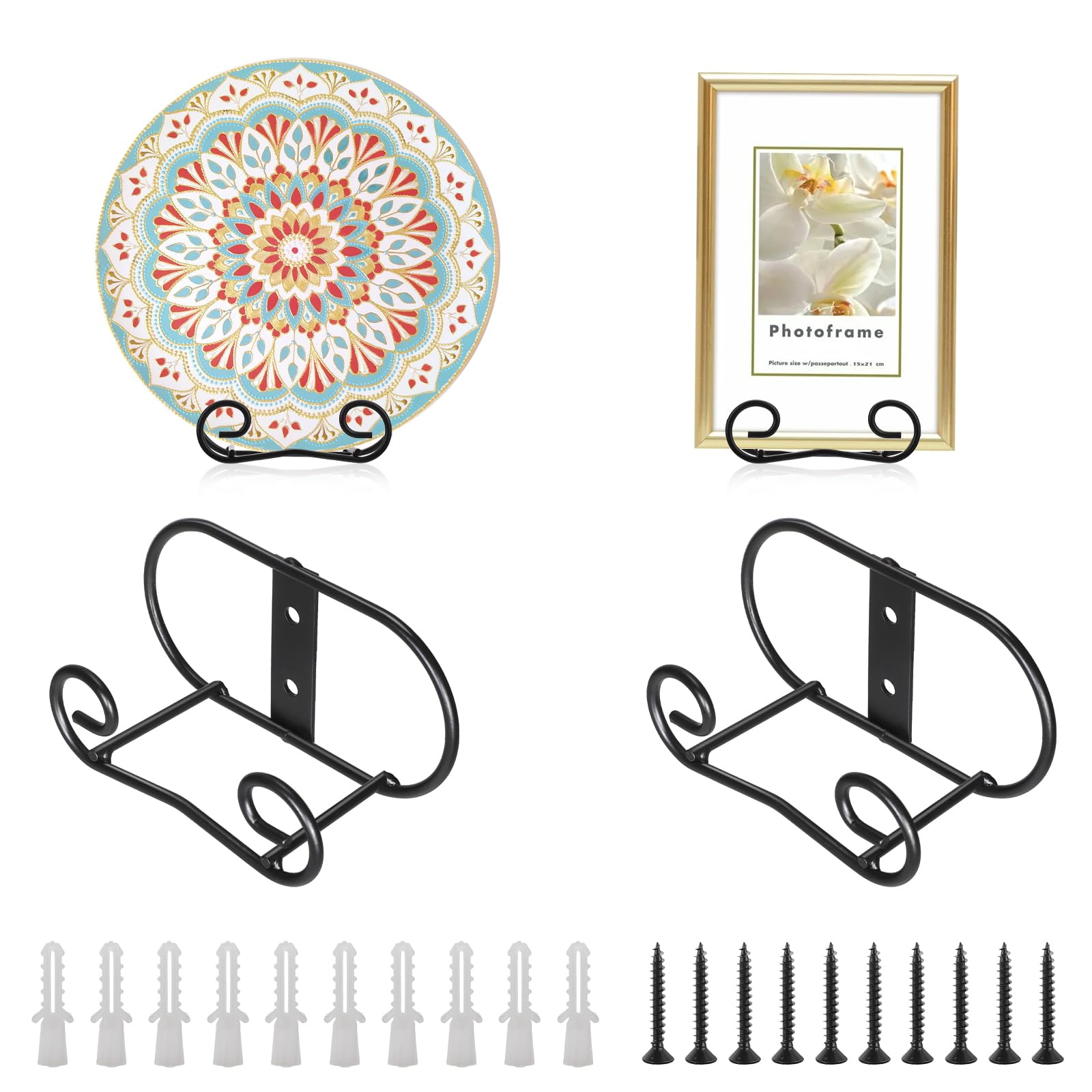 Sumnacon Plate Hangers for the Wall Metal Wall Plate Hangers with Screws,4 Pack Plate Holders for Displaying on the Wall Black Decorative Plate Stand for Plate Bowl Board Displaying