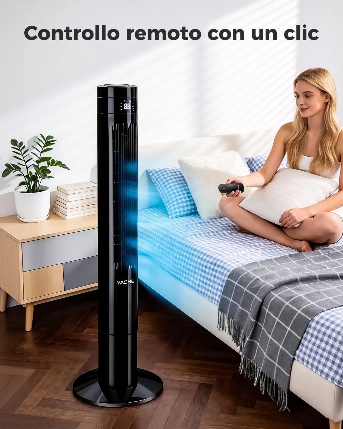YASHE Ventilatore a torre 110 cm silenzioso con telecomando, 28 dB senza pale, oscillazione 85°, timer 12h, 3 modalità e 3 velocità, LED, per camera da letto, soggiorno e ufficio