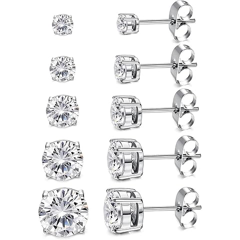 Kainier Women's 14K Gold Plated CZ Stud Earrings Simulated Diamond Round Cubic Zirconia Ear Stud Set(5 Pairs)…