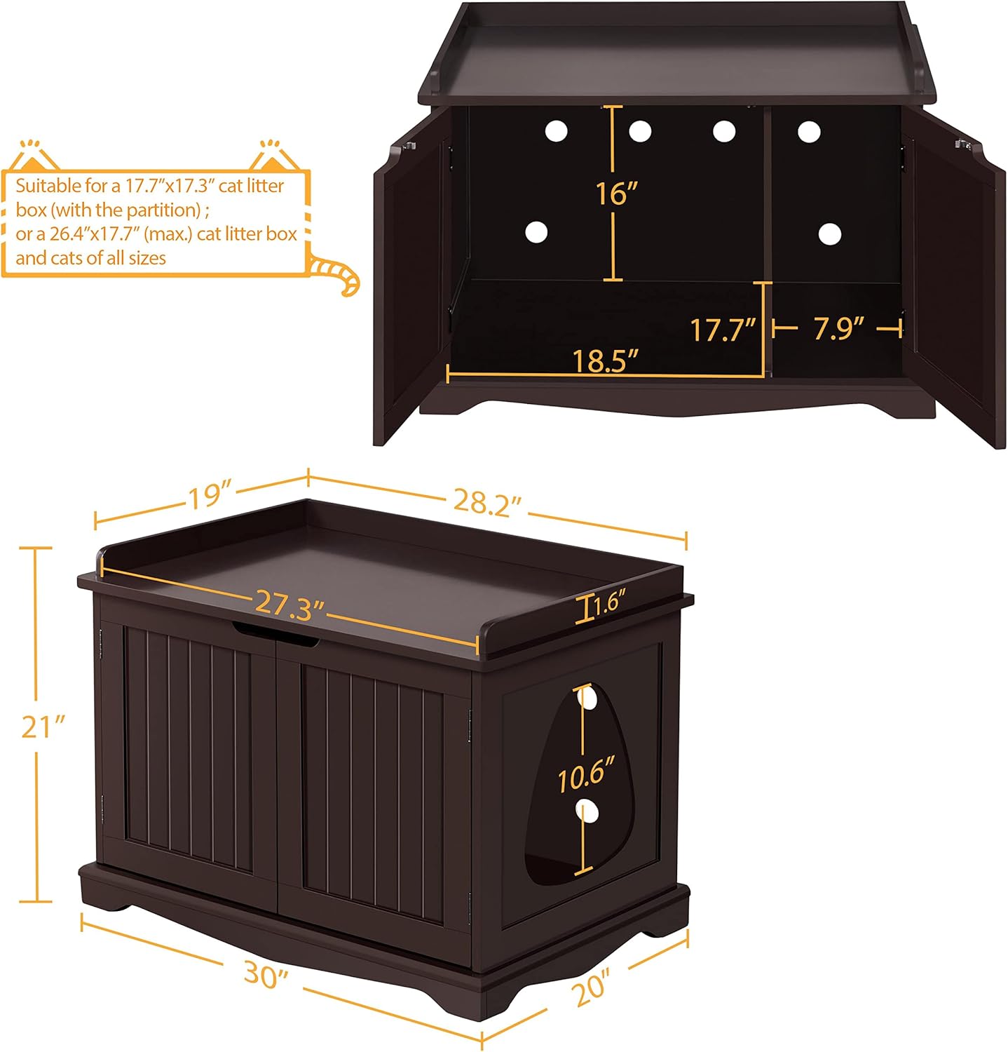 Topeakmart Wooden Cat Litter Box Enclosure, Hidden Cat Washroom Furniture Decorative Litter Box Kitty Play House, Storage Bench Pet Side Table Indoor House w/Removable Divider