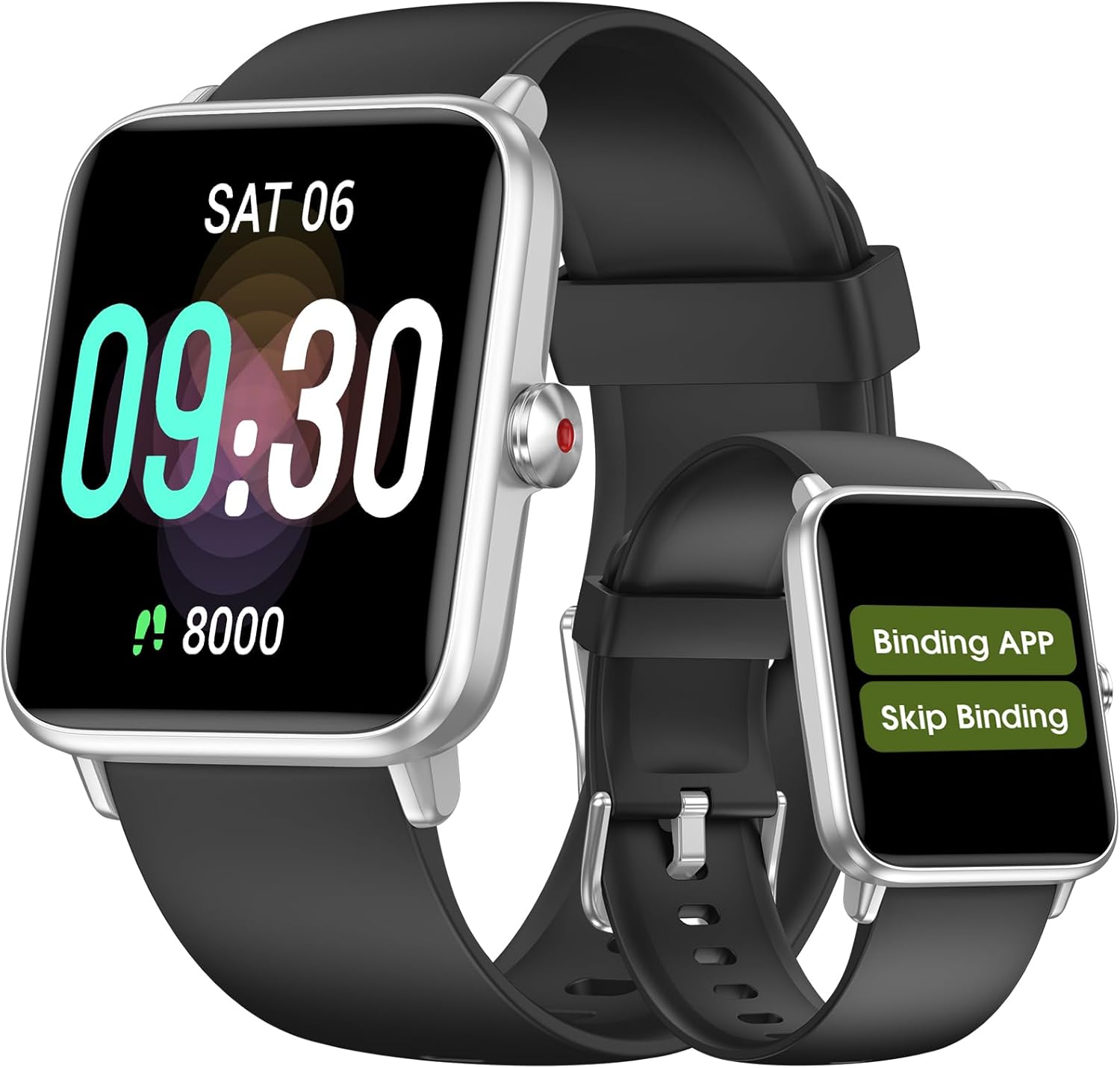 Pautios Smartwatch displaying 'Binding APP' and 'Skip Binding' options on its screen.