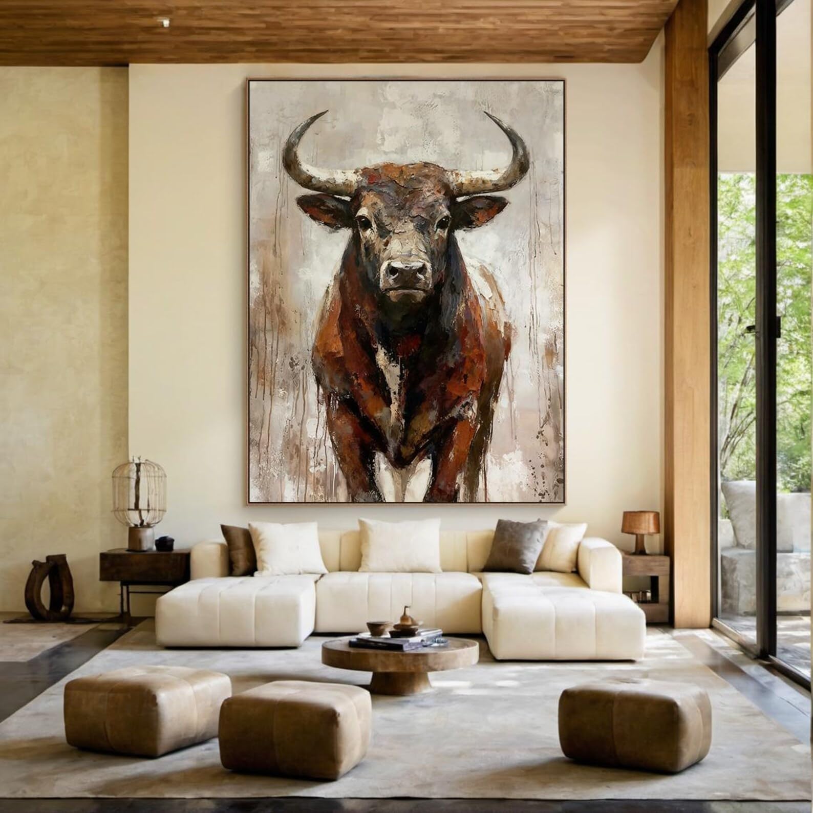 CAOXTART Cuadro de toro grande | Arte rústico de pared con animales | Pósteres y láminas texturizadas hechas a mano para decoración moderna de sala de estar (70 x 100 cm/marco interior)