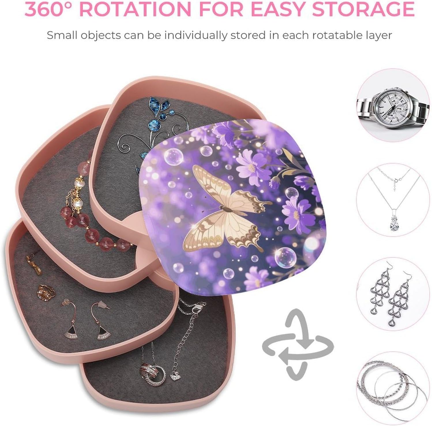 BeigeKhaki Butterfly Jewelry Box 360° Rotatable Jewelry Organizer 4 Layers Jewelry Case with Lid Fashion Portable Earring Holder for Bracelets Rings Bracelets Vanity image 4