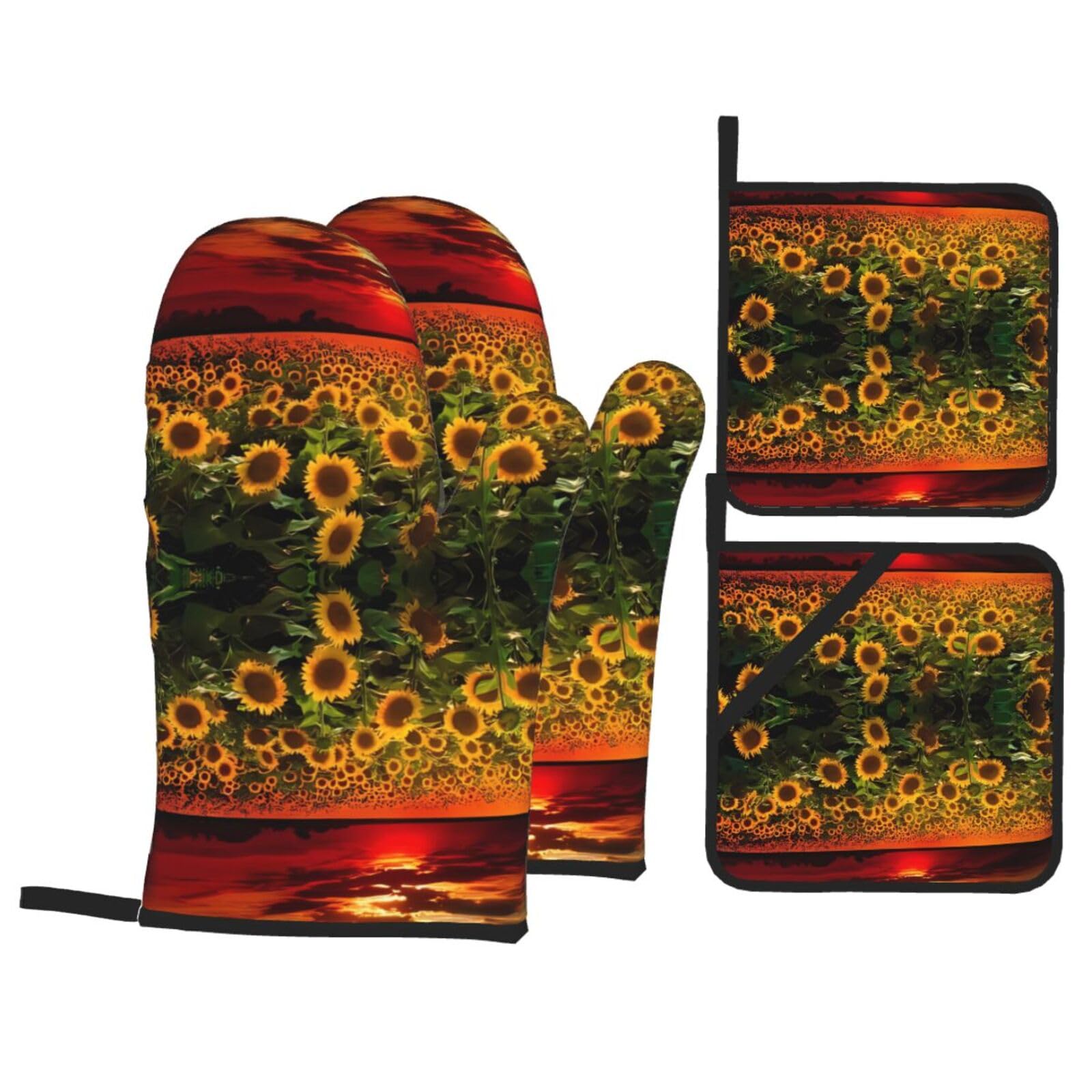 HJFCZH Sunset Sunflower Prints Kitchen Covers: Waterproof Oven Layers for Safe Cooking & Easy Cleanup - 4 Piece Heat Protection Set