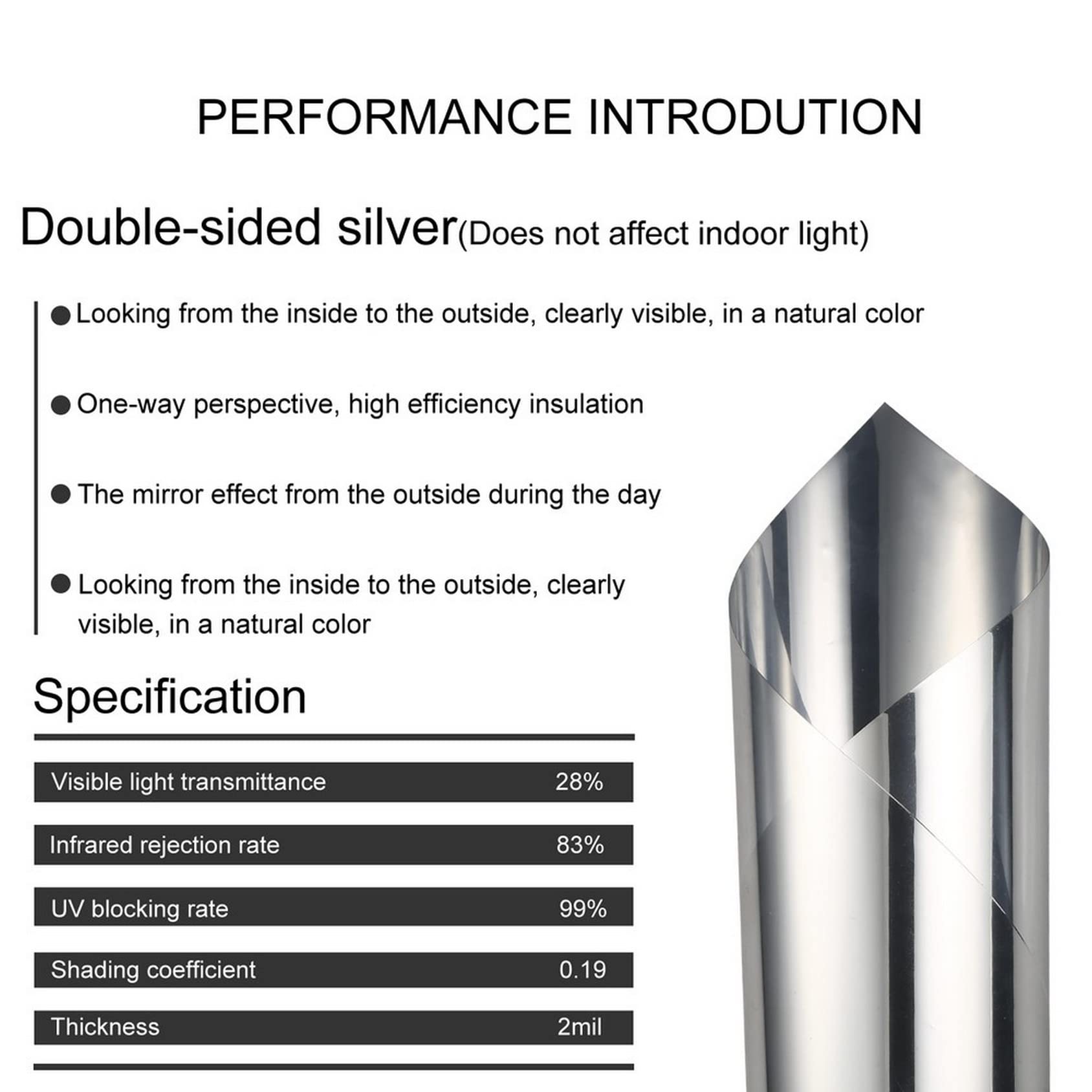 Wholede Vinilo Pet Película Adhesiva Lámina de Espejo para Ventanas Cristal Unidireccional Protector de Privacidad Anti 99% UV y Anti 85% IR para Hogar y Oficina (60 * 400cm)