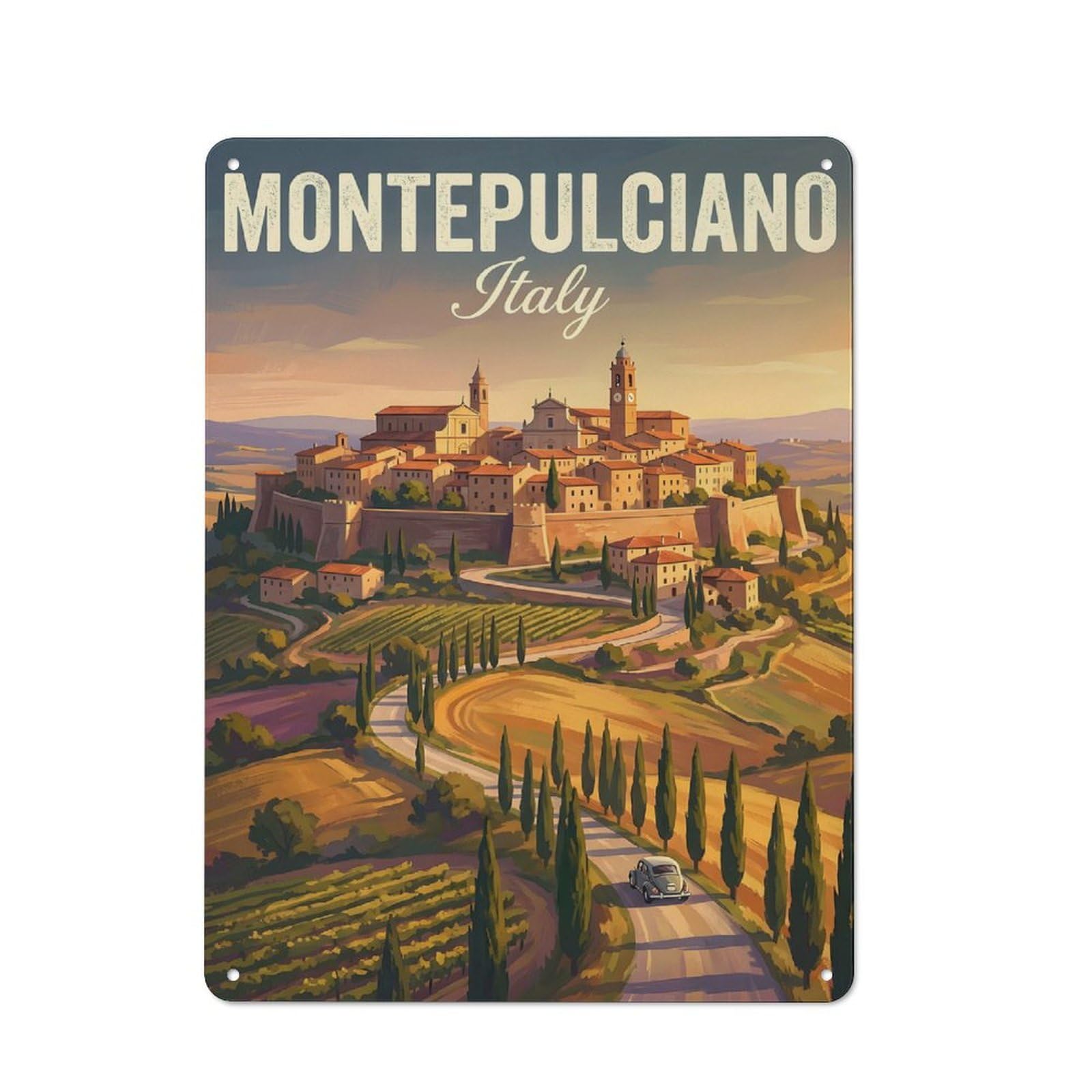 Junmoney Style-23 Tin Wall Plaque 40X30cm With Montepulciano, Italy Vintage Travel For Garage Wall, For People Furnishing A Garage, For Retro Home Interiors