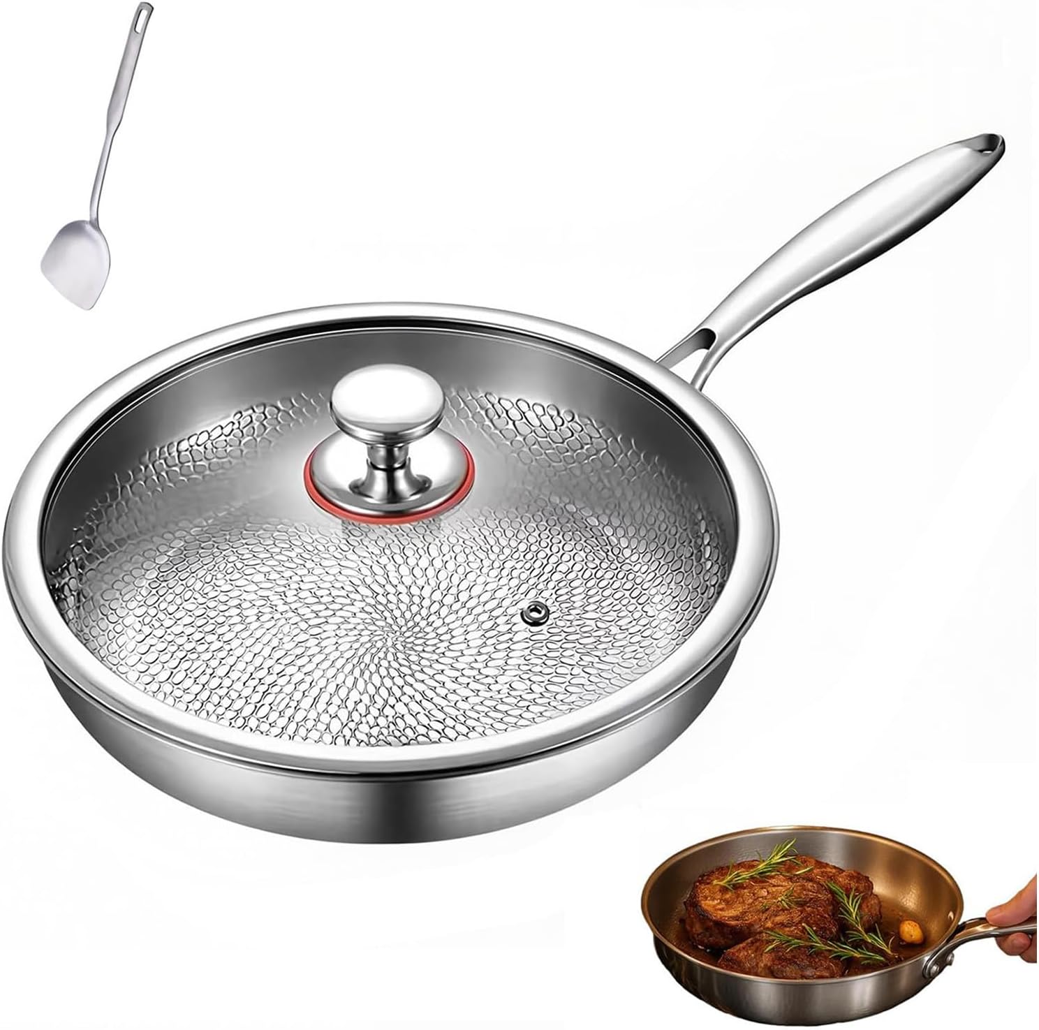 11.8 inch Titanium Hammered Frying Pan with Lid, Non-Stick Saute Pan, Even Heating (XL)