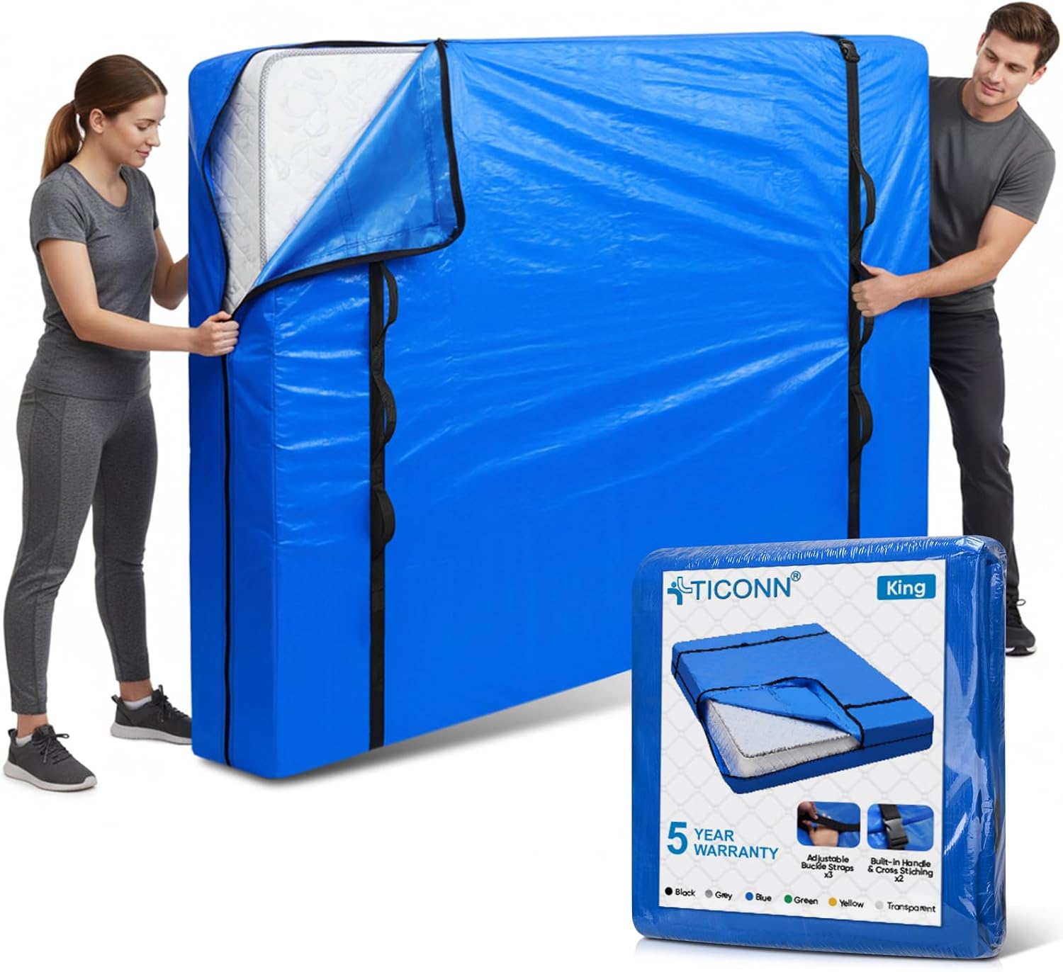TICONN Mattress Bags for Moving, Heavy Duty King Mattress Cover Storage Bag with Full-Around Handle and Adjustable Buckles (Blue, King)