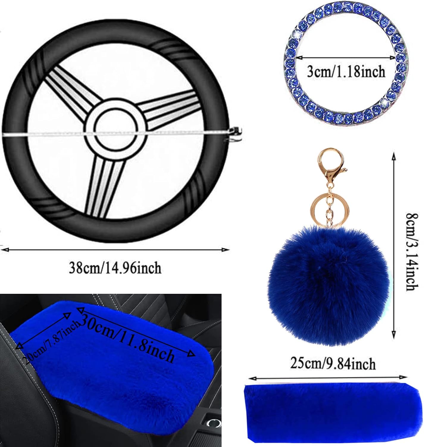 STEVE YIWU Cute Fluffy Steering Wheel Cover Set, Warm Soft Fur Fuzzy Steering Wheel Covers for Women/Girls,Universal 15 Inch 1 Set 8 Pcs Car Accessories (Blue)