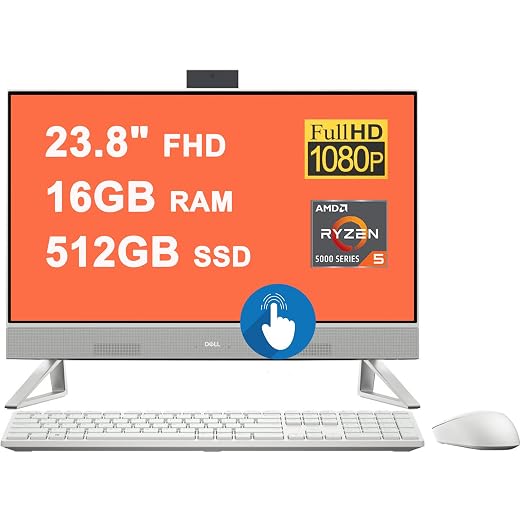 DELL Inspiron 24 5415 AIO Desktop 23.8" FHD Anti-Glare Touchscreen AMD 6-core Ryzen 5 5625U Processor (Beats i7-1255U) 16GB RAM 512GB SSD USB-C HDMI Pop-up FHD Camera Win11 White