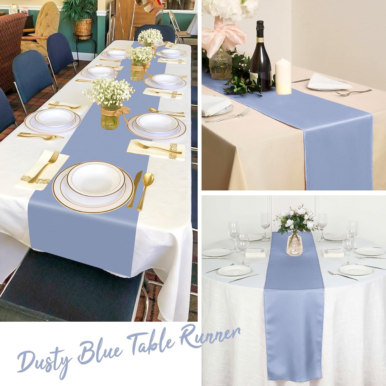 20 Pack Dusty Blue Satin Silk Table Runner 12 x 108 Inch, Long Smooth Silk Table Runners for Wedding, Banquets, Birthday Party, Graduations
