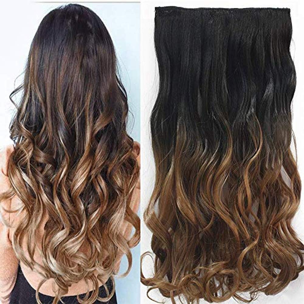 Neverland Beauty 24" Synthetic Curly Two Tone Ombre Hairpiece Clip in Synthetic Hair Extensions 3/4 Full Head Clip Natural Black to Blonde