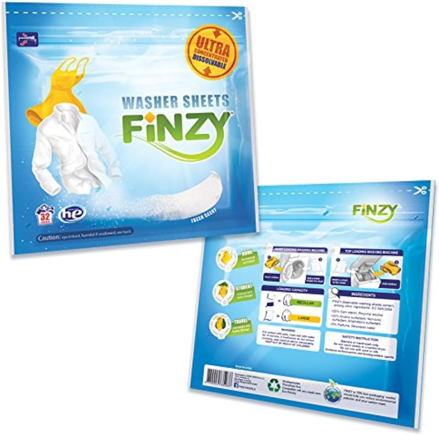 Finzy® Laundry Soap Sheets, Washer Sheets for Travel Laundry, 32 loads, Portable Individual Packages, More Efficient and Convenient than Liquid, Pods, or Pacs - Travel & Eco Friendly