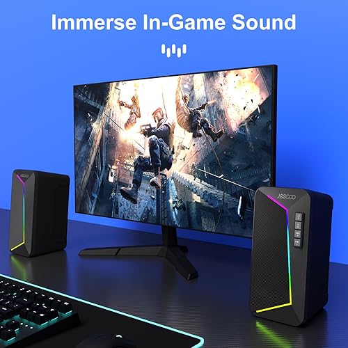 Miniatura 9 de Jeecoo Altavoces de computadora Bluetooth M30, altavoces RGB para juegos de PC para escritorio con sonido estéreo nítido, modos LED dinámicos,