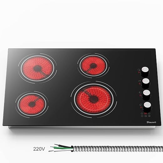 30 Inch Electric Cooktop 4 Burner - Built-in Ceramic Stove Top 6700W, 30" Radiant Electric Cook Top with Timer, Safety Lock, Pause, Dual Ring, 220V - 240V Hard Wired, No Plug (White Knob)