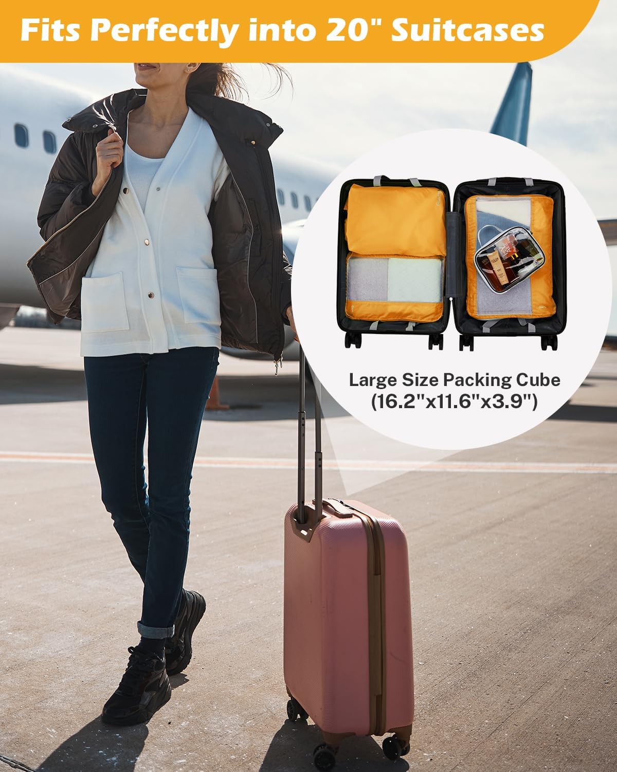 Gonex 8 Set Expandable Mesh Packing Cubes for Travel - Compression Packing Organizers with Toiletry, Laundry, Shoe & Cable Bags - Orange - Image 2