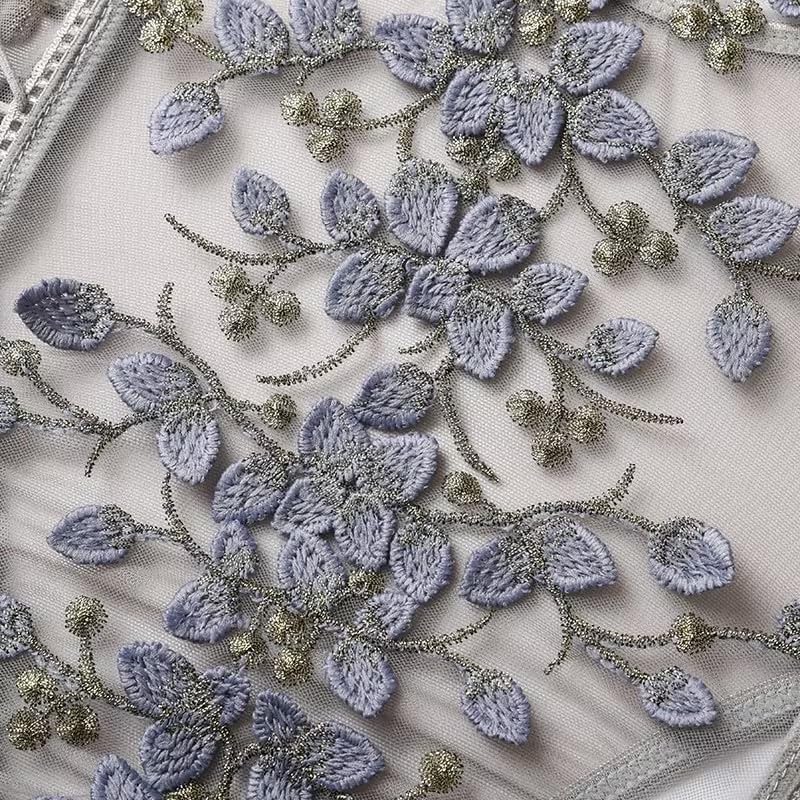 Lilosy Women Sexy Lace Up Floral Embroidered Teddy Lingerie Bodysuit Top Mesh Sheer One Piece: 3X-Large Grey