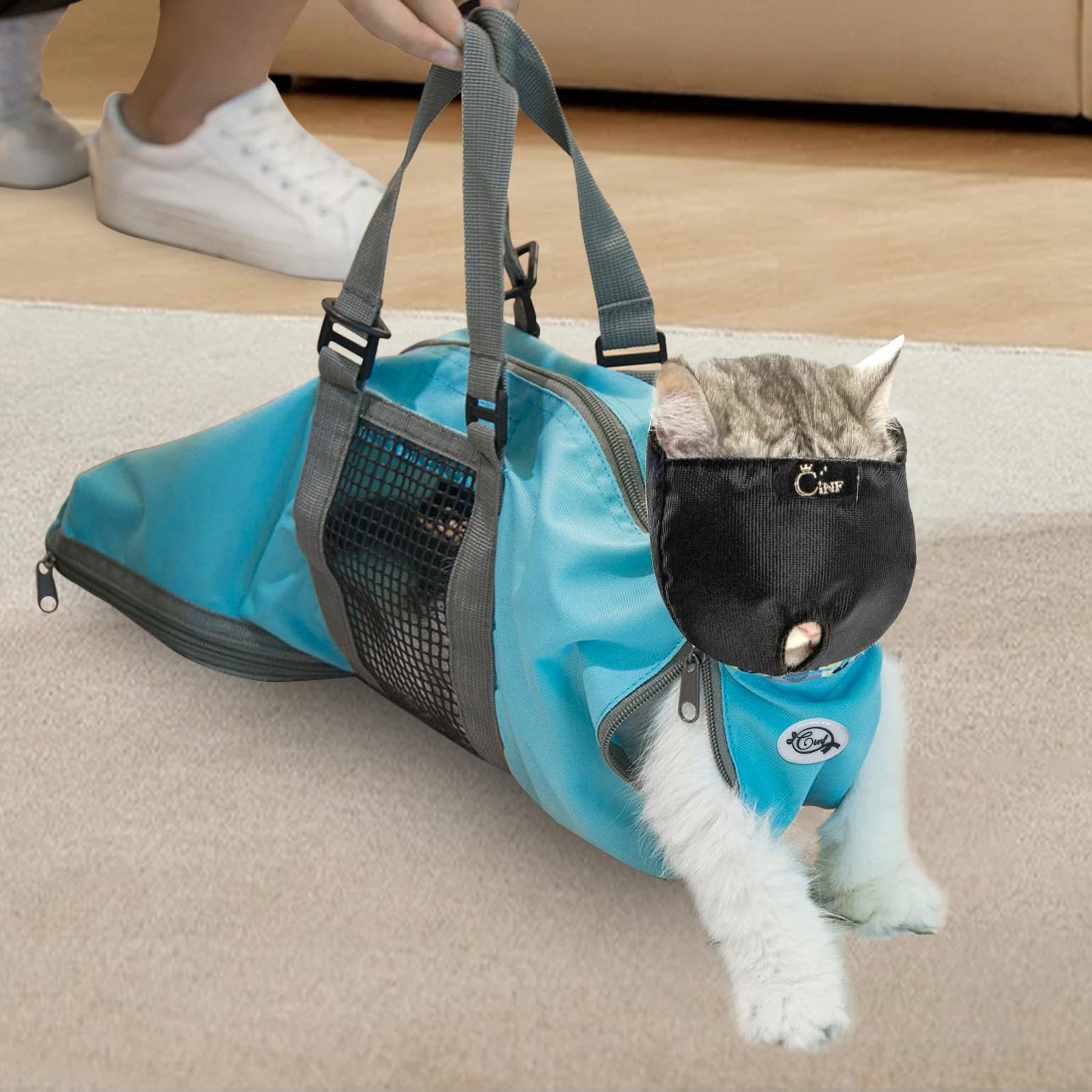 Cinf Cat Nail Clipping Cleaning Grooming Restraint Bag (Free Muzzle) No Scratching Biting for Bathing Nail Trimming Injecting Examining (Blue,M)