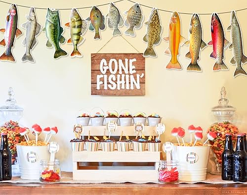 Miniatura 2 de Ushinemi Decoraciones de cumpleaños de pesca, suministros de fiesta de pesca con pez sol, trucha, lubina, bandera de pesca para adultos y niños