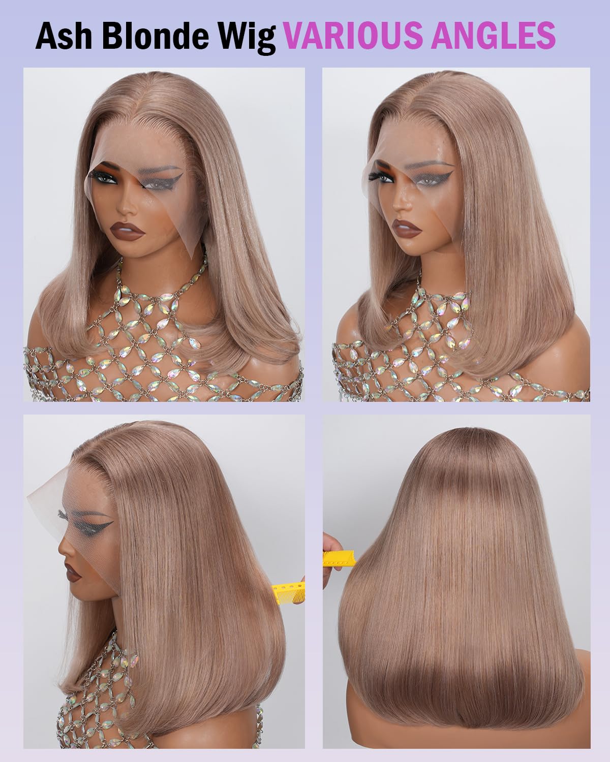 Ash Blonde Bob Wig Human Hair,13x4 HD Lace Frontal Human Hair Wig for Black Women Pre Plucked Straight Glueless Blonde Lace Front Short Bob Wigs 180% Denstiy