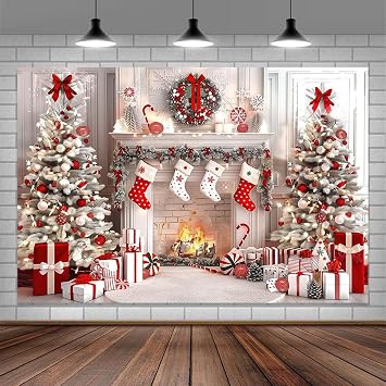 10x8ft White Christmas Fireplace Photo Backdrop Winter Xmas Tree Stockings Gifts Background Kids Holiday Party Banner Portrait Photobooth Party Banner Decorations Photo Studio Props