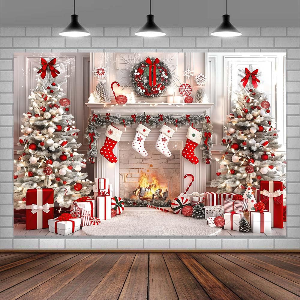 10x8ft White Christmas Fireplace Photo Backdrop Winter Xmas Tree Stockings Gifts Background Kids Holiday Party Banner Portrait Photobooth Party Banner