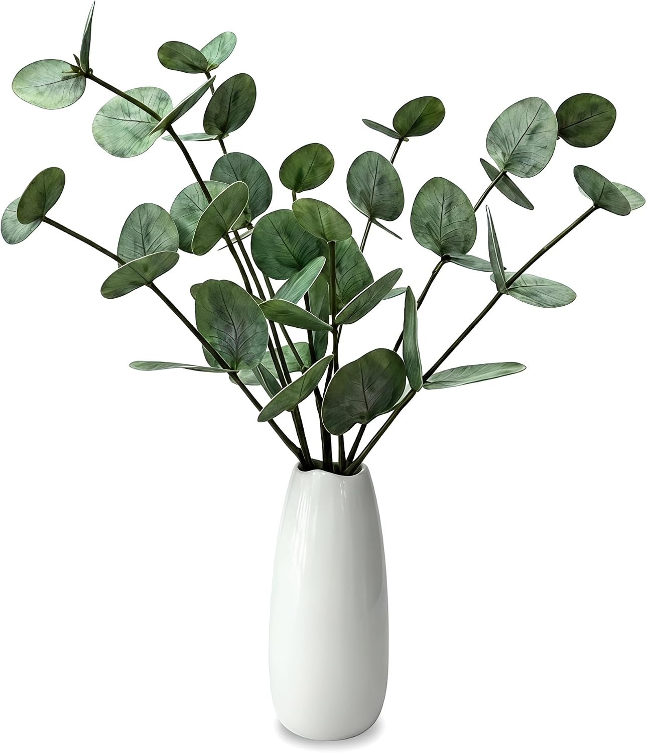 Faux Eucalyptus Stems with White Ceramic Vase, 14 Inch | Faux Eucalyptus Stems with White Ceramic Vase, Bathroom Decor & Farmhouse Greenery, Coffee Table Centerpiece
