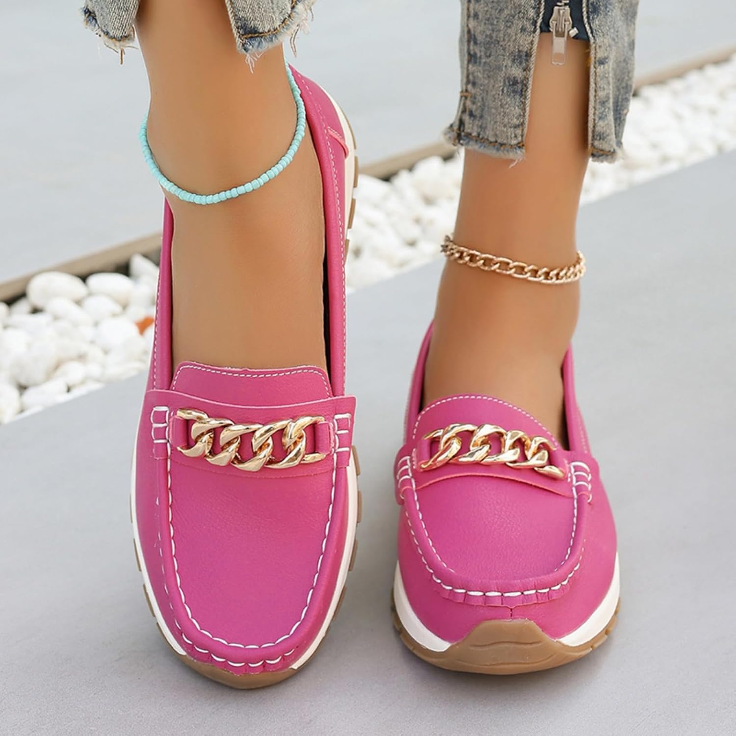Women's Chunky Loafers for Women Comfortable Slip On Moccasins Lightweight Walking Driving Shoes with Gold Chain