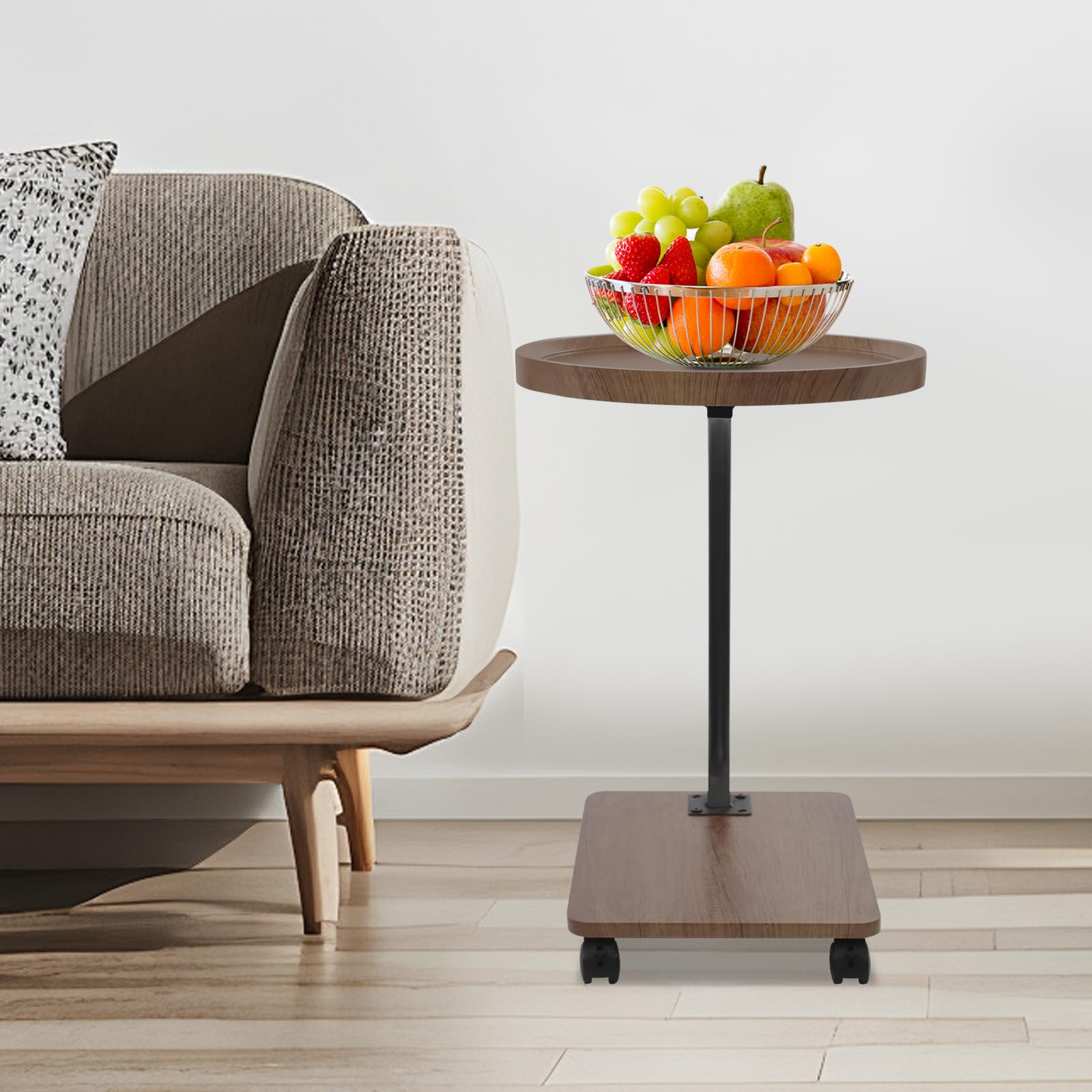 Mesa auxiliar en forma de C, sofá mesa auxiliar con ruedas, pequeña mesa de café de madera de metal, mesa de café móvil, mesa lateral estrecha, mesita de noche para salón, dormitorio, cama