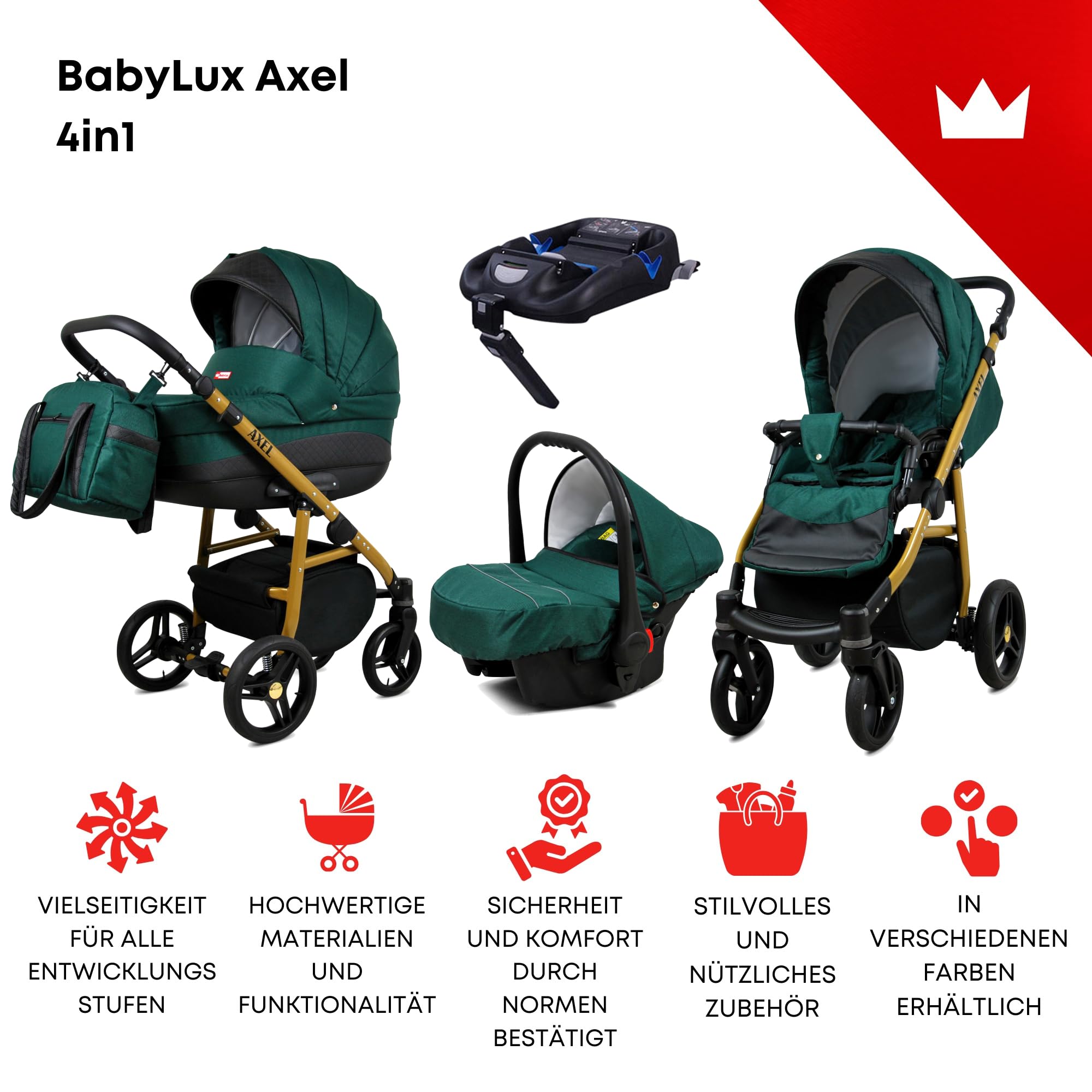 BabyLux® Wózek dziecięcy kompletny zestaw 4 w 1, Axel, w tym gondola dla niemowląt, wędka, fotelik samochodowy, podstawa ISOFIX, wózek dziecięcy, system kombinowany, z torbą do przewijania itp.