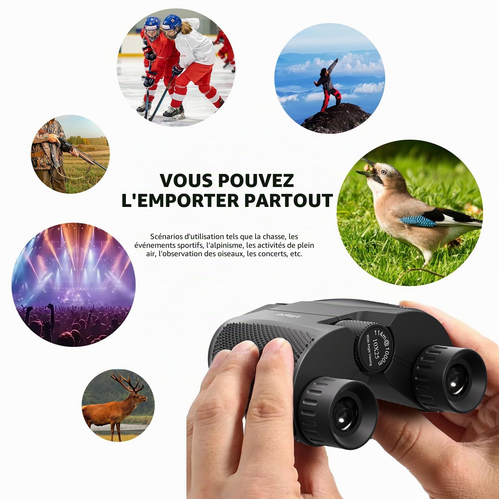 Mini Jumelles compactes Portables 10 x 25 - Lumière Faible Claire et Pliable - Idéales pour Les activités de Plein air telles Que la randonnée et l'observation des Animaux pour Adultes et