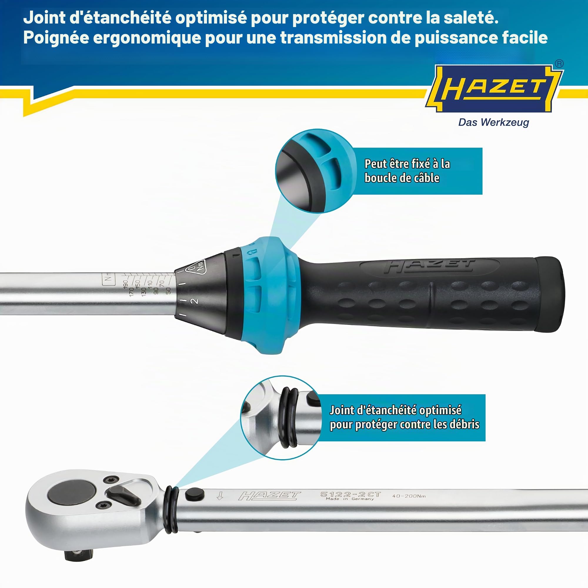 HAZET Clé dynamométrique 5122-2CT I Sortie : carré 12,5 mm, 1/2 pouce, tolérance : 4%, 32 dents I Cliquet réversible pour voiture et vélo I 519mm
