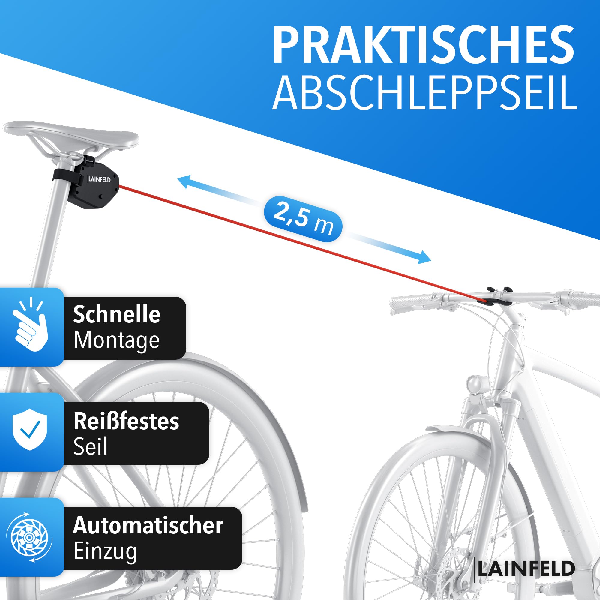 LAINFELD Fahrrad Abschleppseil Kinder, 2,5 Meter, Zugsystem, Follow me tandemkupplung, Fahrrad abschleppstange, tandemstange