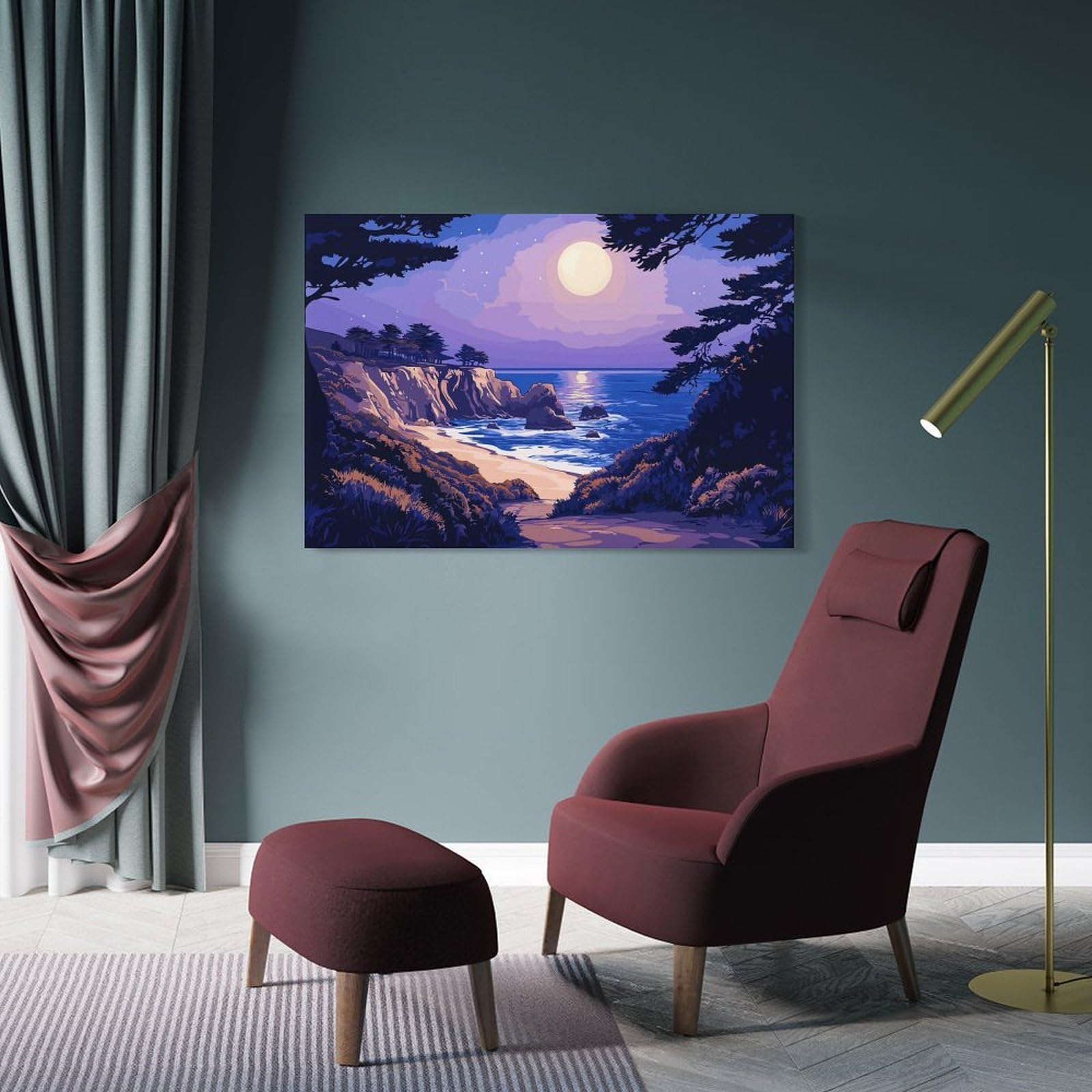 Junmoney Frame-Style-12-1 Coastal Moonlight Landscape Decorative Wall Artwork 16X24inch(40X60cm), For Corridors, Hallways Or Apartment Entries, Home Artwork For First Impressions