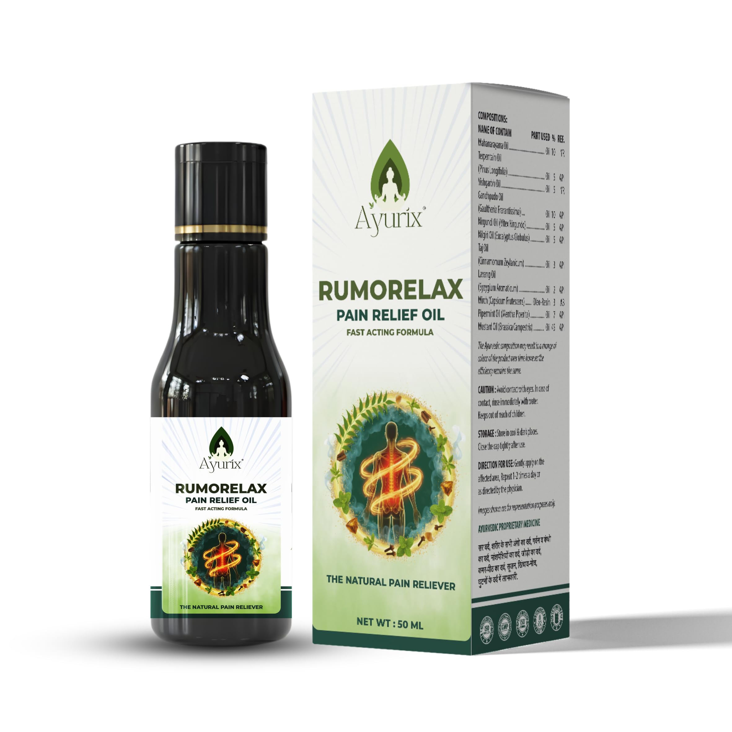 Rumorelax Pain Relief Oil, Ayurvedic Herbal Formula for Joint, Knee, Back, Muscle Pain, Fast Acting Natural Massage Oil, 50 ML