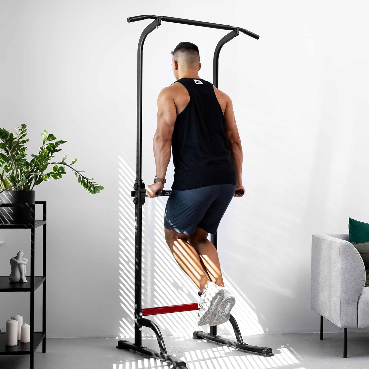 Hop-Sport Power Tower Klimmzugstange & Dip-Station, Höhenverstellbar, Freistehend, Fitnessgeräte für Zuhause, Home Gym, Calisthenics Equipment, Rückentrainer, Max. Belastbarkeit 150 kg