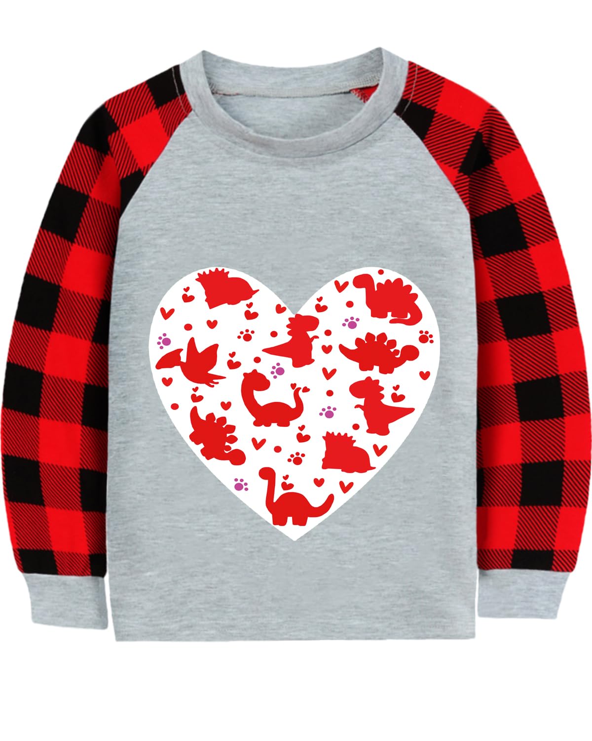 CM-Kid Toddler Boys Valentine Shirt Monster Truck Dino Train Heart Tshirt Red Plaid Long Sleeve Tops for Kids 2-7 Years