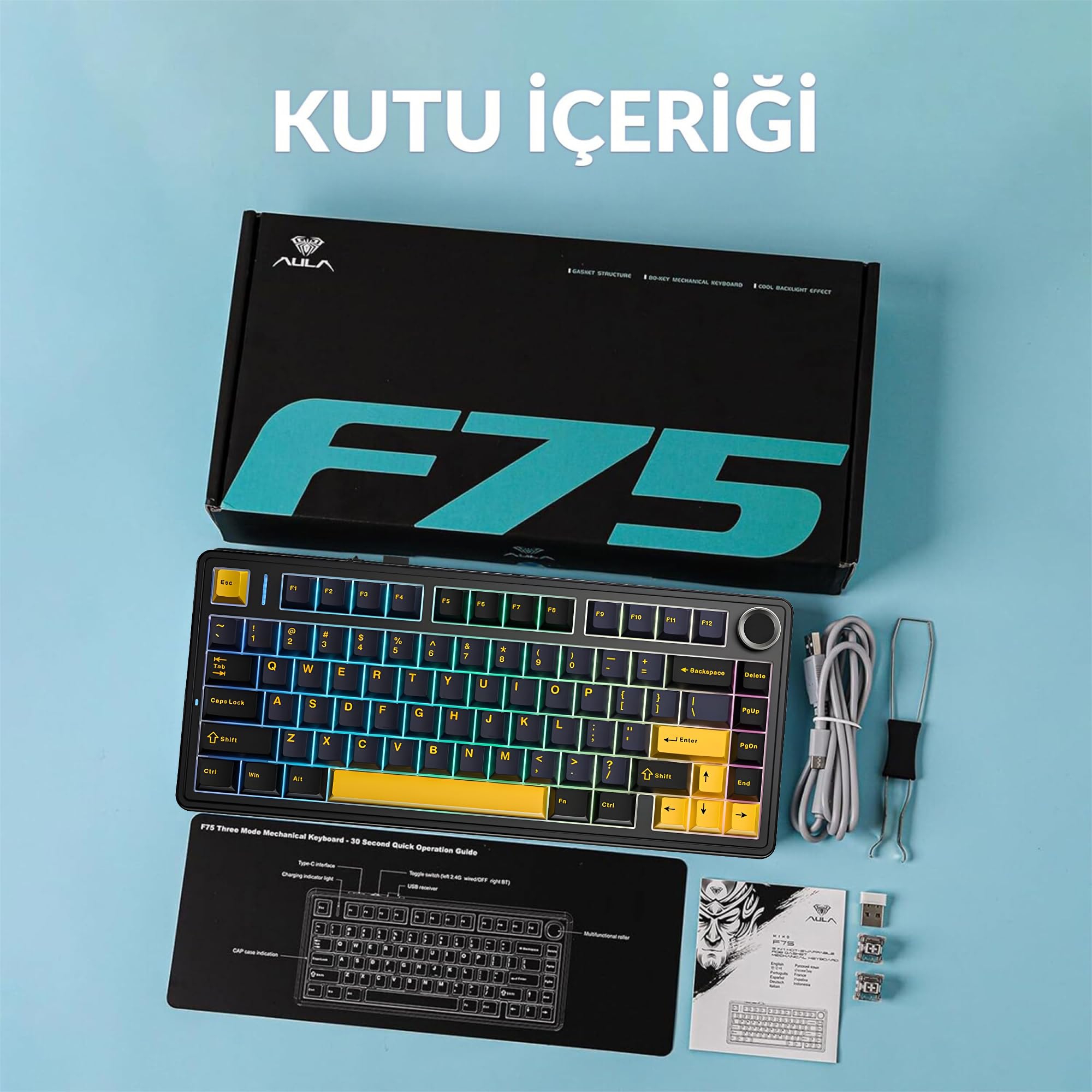 Aula F75 Mécanique RGB TKL Reaper Switch Wireless Macroller Clavier Hot Swap Noir