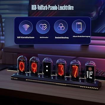 LED Nixie Clock Nixie Tube Clock with 2 Time Modes Nixie Tube Clock IPS Colour Screen Digital Clock Tubes Clock for Home Bedroom Desk Decoration