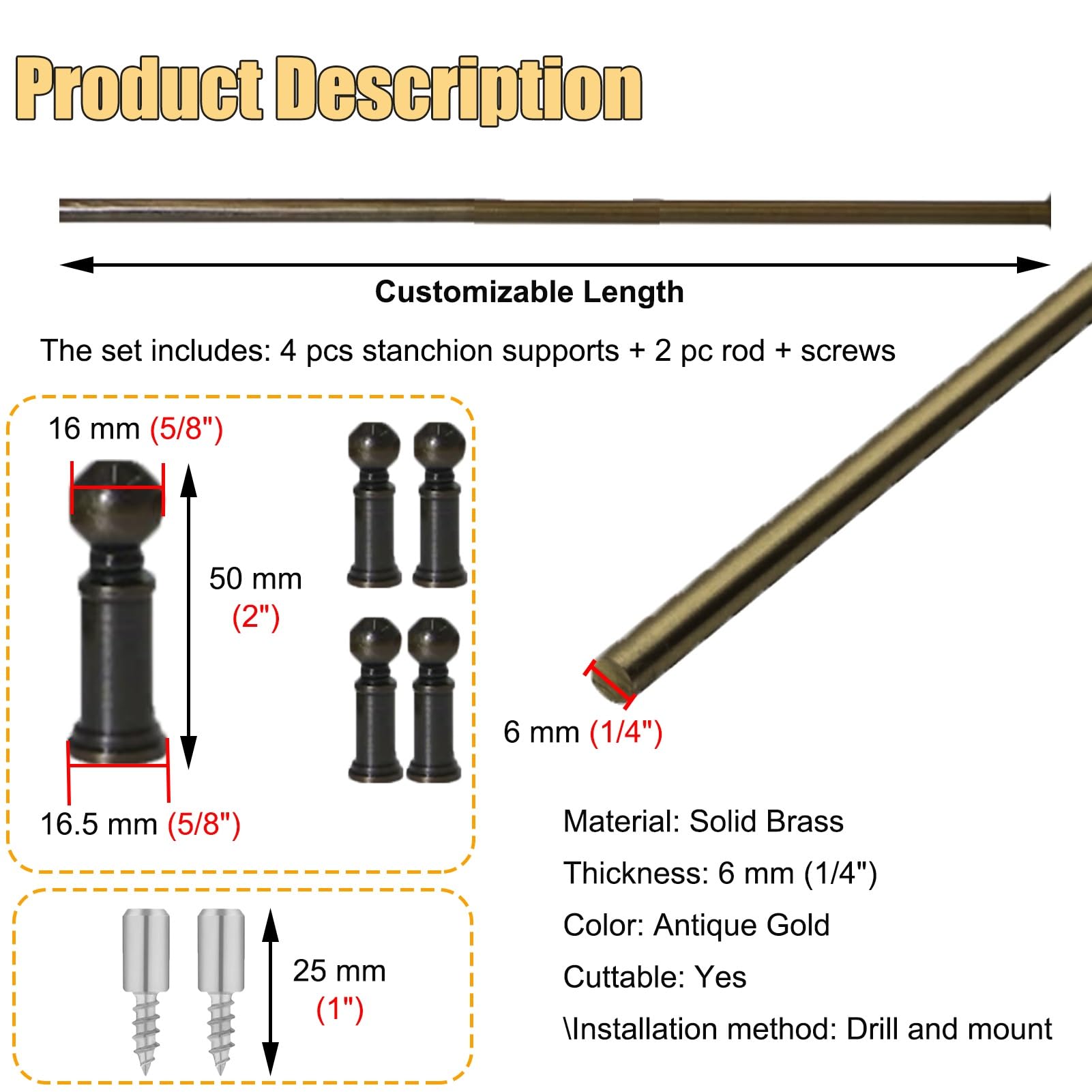 Binario per Mensole Set di 2 Binari per Galleria in Ottone Anticato con Montanti Terminali(Style A,99inch/251.5cm)