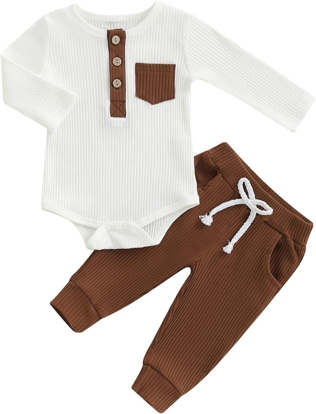 Bébé garçon printemps automne couleur contraste couleur tricot côtelé à manches longues boutonné chemise élastique pantalons longs ensemble de 2