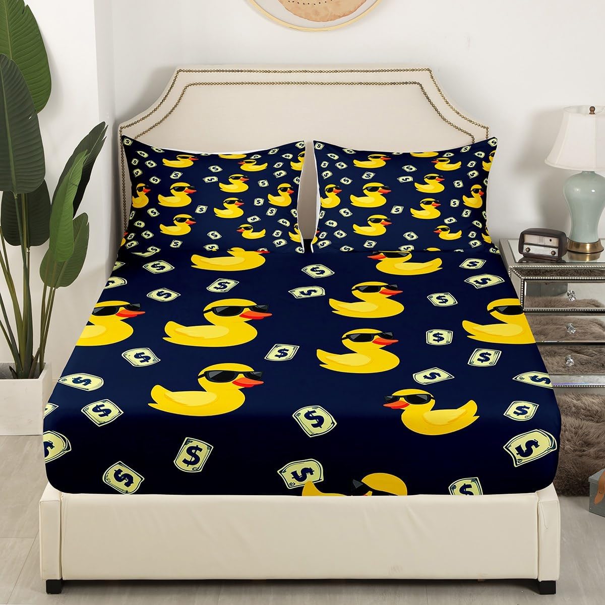 Erosebridal Rubber Duck Fitted Sheet Full Cute Yellow Duck Bed Sheets 3 Piece Cartoon Animal Bedding Set American Dollar Print Sheets Navy Blue Room Decor for Women Men Adults