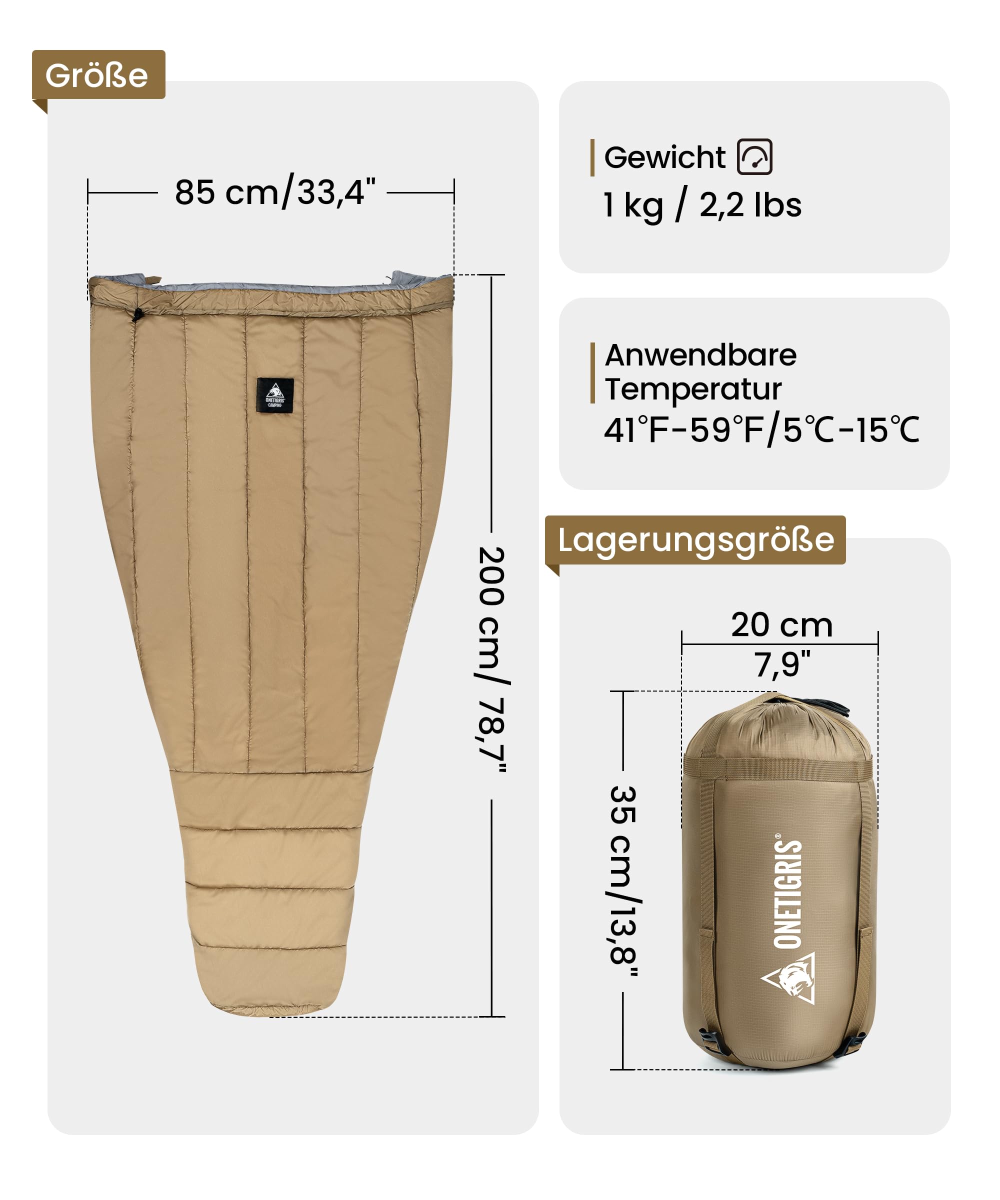 OneTigris Schlafsack 3 Jahreszeiten UL 1 kg, 5°C - 15°C, 200 cm x 85 cm | Deckenschlafsack Quilt 1 kg, kompakt für Camping, Wandern Outdoor