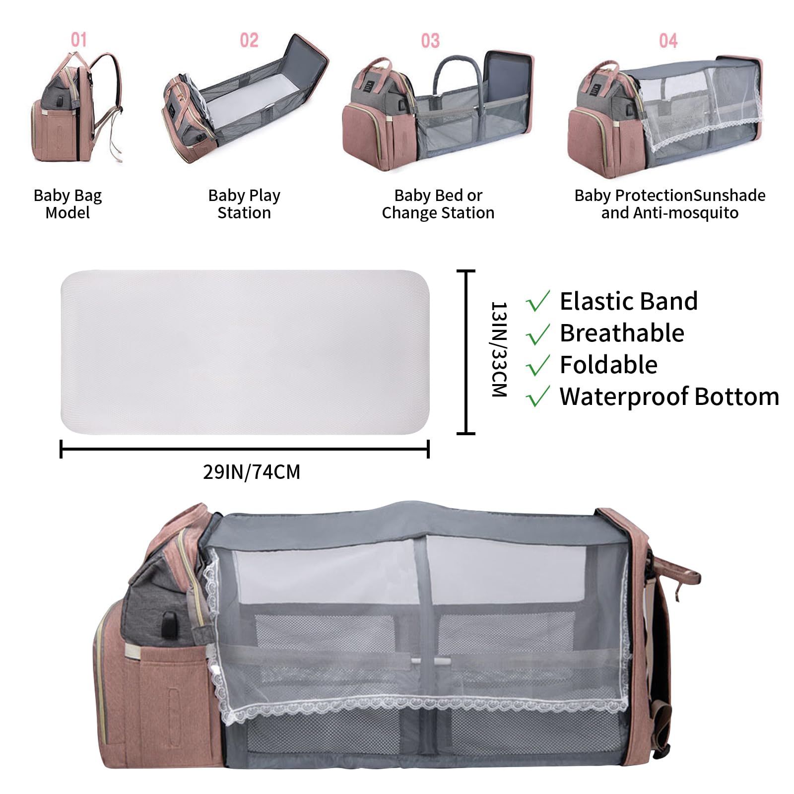 Personalisierte Wickelrucksäcke mit Wickelstation, großer Wickelrucksack mit Sonnenschutz und Spielzeugstange, Kinderwagenriemen und isolierten Flaschenfächern Babyparty-Suche, Geschenk zur Babyshower