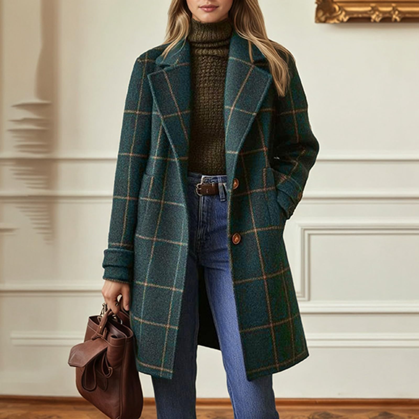 Generisch Retro-Damen-Arbeitsjacke schicker langer Winter-Trenchcoat mit Karomuster elegant und lässig mit Reverskragen