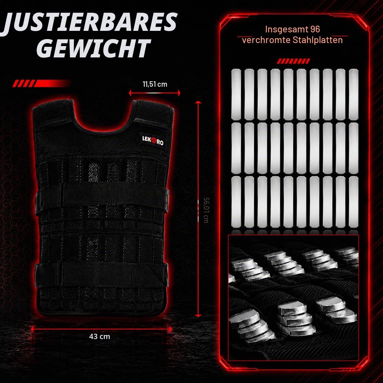 Verstellbare Gewichtsweste, 20 kg, Workout, Gewichtsweste, Training, Fitness, Gewichtsjacke für Männer und Frauen (inklusive 96 Stahlplatten Gewichte)